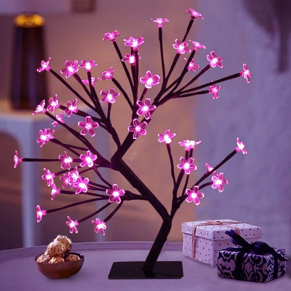 18-Inch LED Cherry Blossom Bonsai Tree Lamp with 28 Pink LEDs | Adjustable Silicone Branches | Corded Electric Night Light for Room, Home & Gift Décor