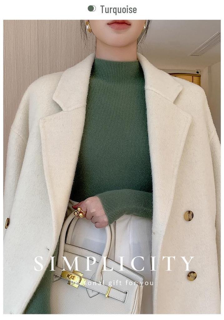 Women's Slim-Fit High-Neck Seamless Wool Base Layer Shirt, Autumn/Winter, Ruched Neck, Knitted Sweater.