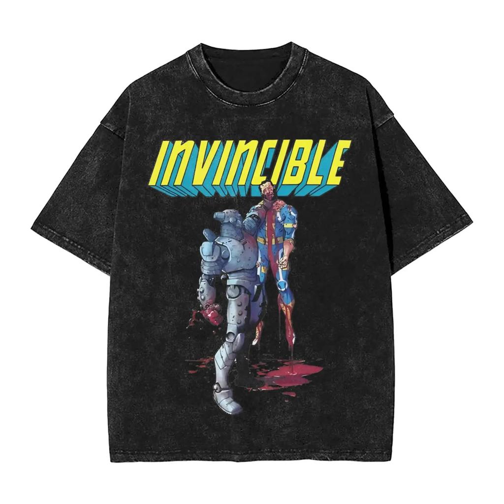 Anime Crazy Invincible Graphic Print T-Shirt Vintage Washed Harajuku Y2K Fashion Tee Crew O-neck Cotton Luxurious Top Female Male Clothing
