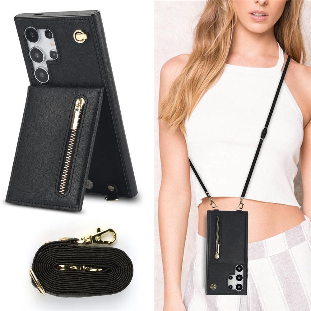 Zipper Crossbody Wallet Case For Samsung Galaxy S25 S24 Ultra S23 Plus S24FE S22 S21 S20 Note 20 Cards Holder Lanyard Cover