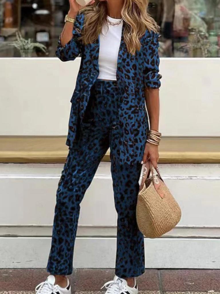Bohemian Leopard Print Long Sleeve Top High Waist Set with Pants
