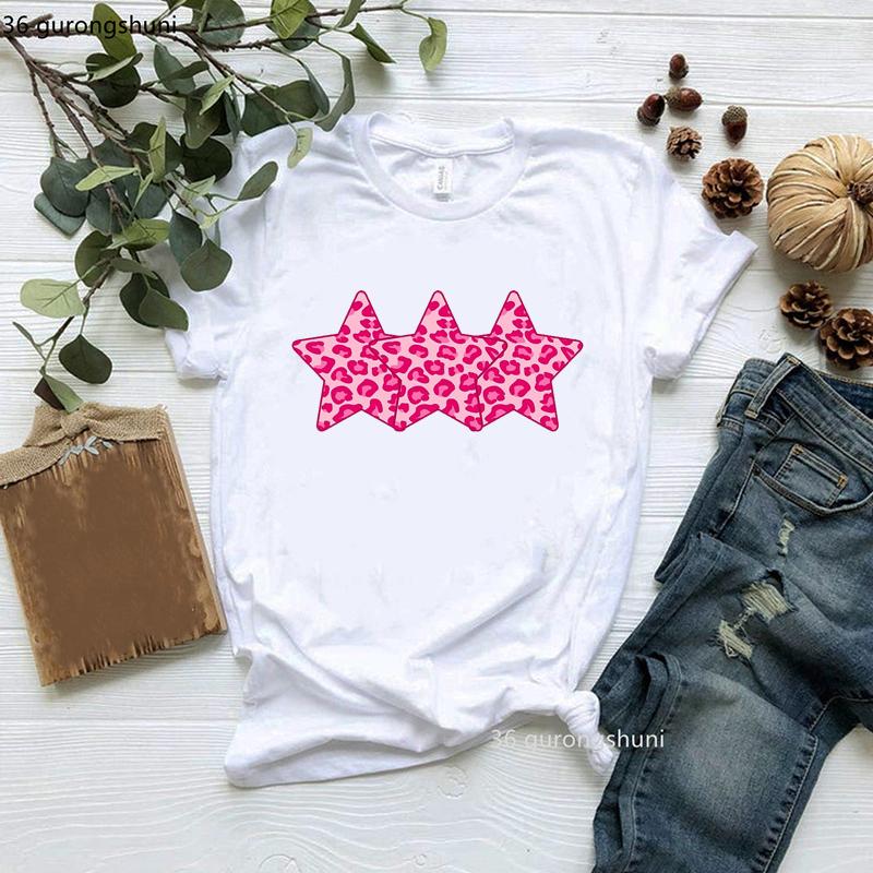 

New Cute Love Lightning Stars Leopard Print Tshirt Women T Shirt Graphic Lady T-Shirts Funny Streetwear Fashion Summer Tops XXXL білий