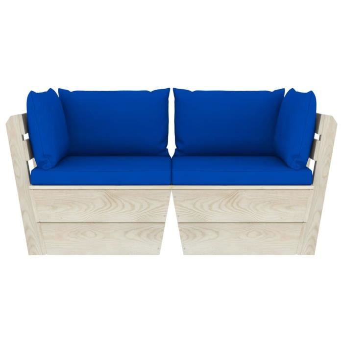 Canapé palette de jardin 2 places - VIDAXL - Bois d'épicéa - Coussins Bleus - Naturel