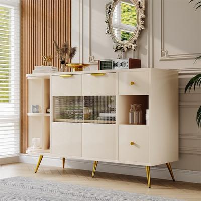 Dining Room Sideboard Living Room Storage Cabinets with Glass Sliding Doors, LED Lights Wooden Dressing Free-Standing Cupboards Buffet Cabinet Kitchen