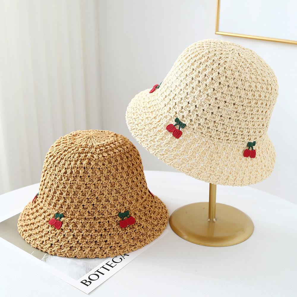 My Extreme Outdoor Activities Women's Beige New Summer Visor Bucket Hat Wide Brim Beach Korean Straw Hand Crochet Cherry Hat For Girl Outdoor Fishing Sun Hats