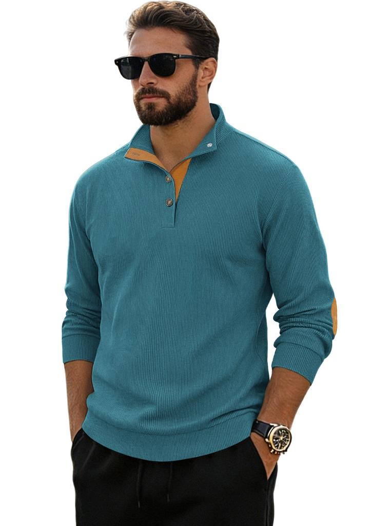 Spring and Autumn Solid Color Sports Long-sleeved Corduroy Tops for Men, Fashionable and Casual Stand-up Collar Outdoor Men's Pullover