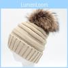 Women Stripe Knitted Hairball Hat Thickened Design Outdoors Keep Gifts Warm