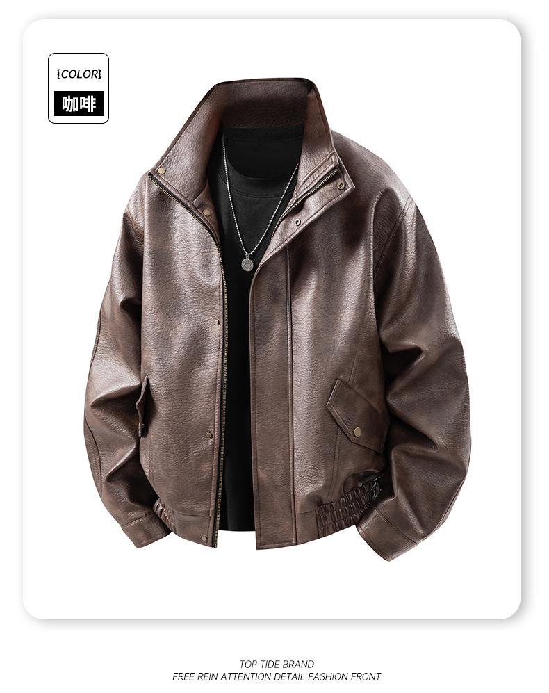 Mens Pu Leather Jacket Stand Collar Loose Retro Motorcycle Casual Outerwear