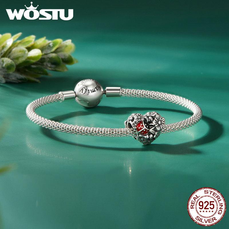 WOSTU 925 Sterlingsølv Lucky Firkløver Ladybug Charms Bee Beads Passer originalt armbånd DIY
