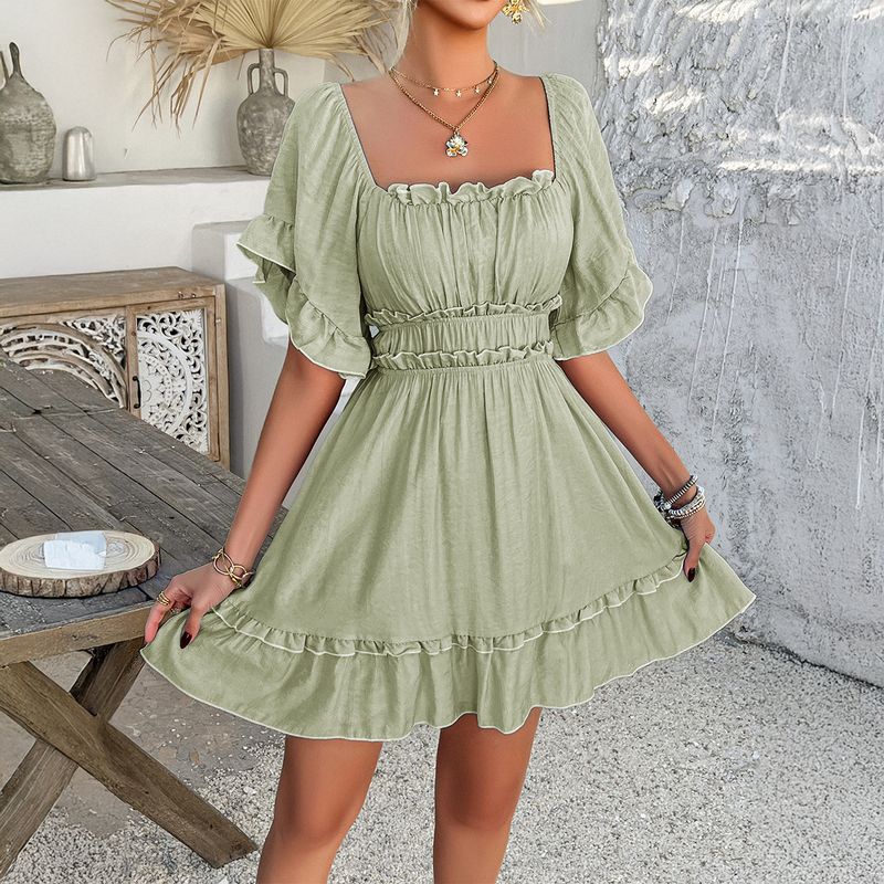 

Cross-Border European and American Foreign Trade Women clothes 2025 Spring Summer Leisure Holiday Style Solid Wooden Ear Short sleeve Full Body Dress Green XL