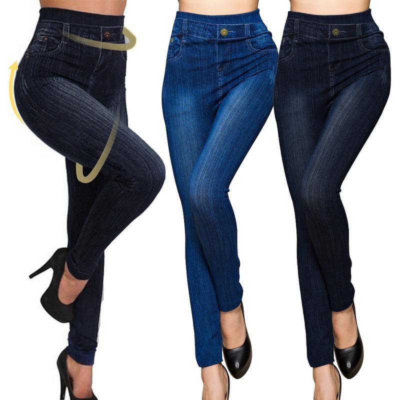Women Plus Size Pencil Pants Imitation Jeans Denim Pants High Waist Leggings Casual CLE