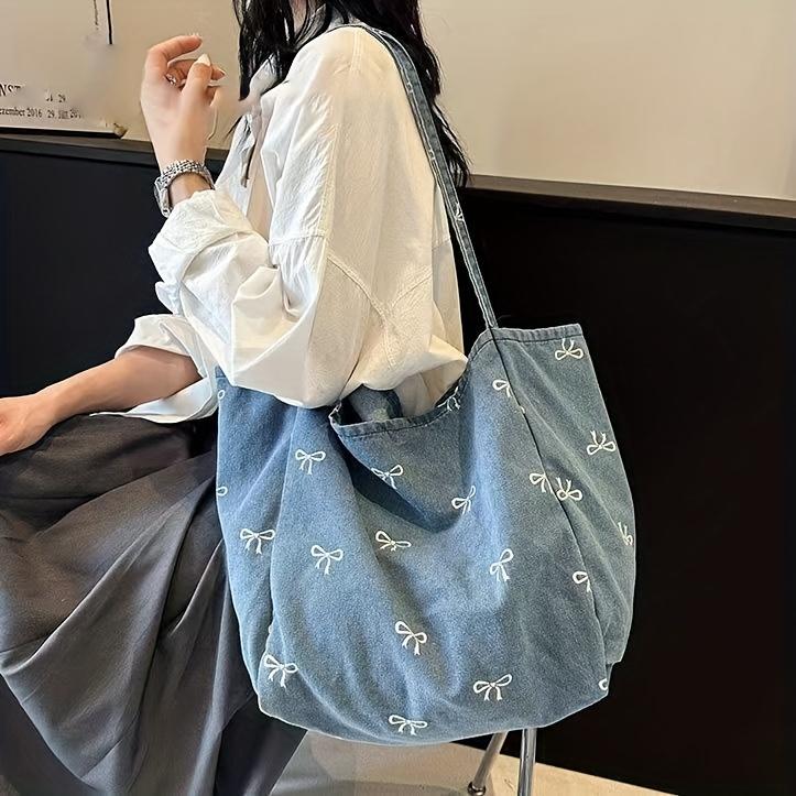Women's Denim Tote Bag with Bow Detail Multifunctional Shoulder Backpack Hand Washable No Edge Paint