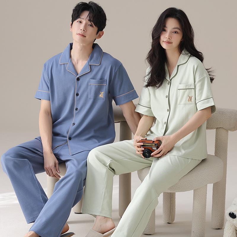 Lycra cotton couple pajamas summer pure cotton short-sleeved trousers loose and cool can be worn outside men's loungewear suit
