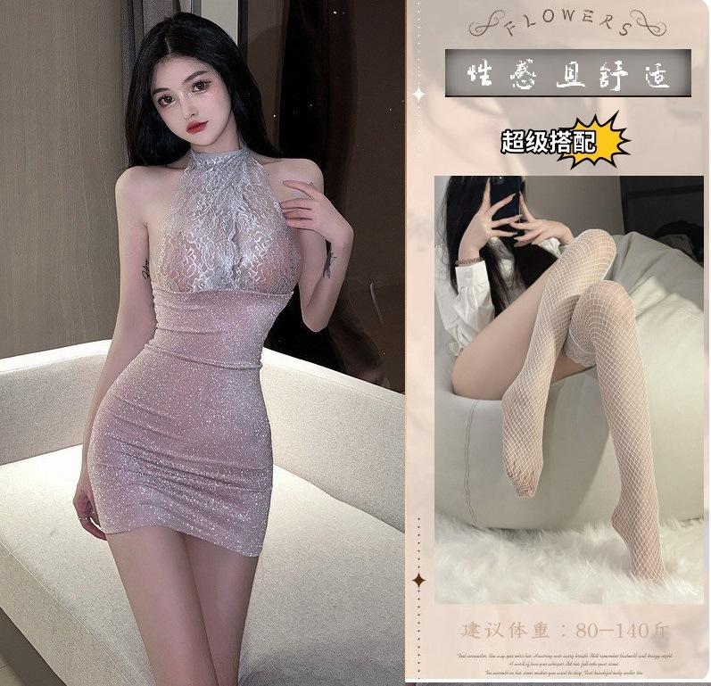Sexy underwear, sexy silver silk, shiny women's hip skirt, uniform lace hanging neck to avoid temptation