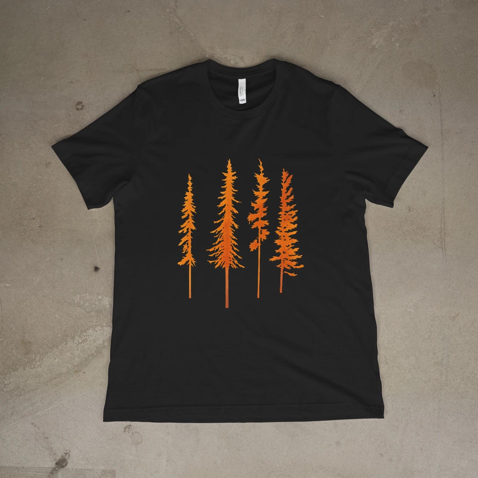 Minimalist Pine Trees T-Shirt Orange Forest Graphic Unisex Tee S
