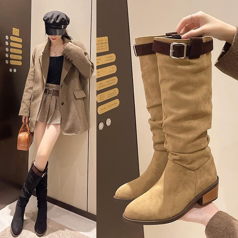 Fashion Vintage Chunky Heel Western Cowboy Boots for Women Winter New Style Faux Suede Ankle Boots Woman Pointy Chunky Heels Short Boots