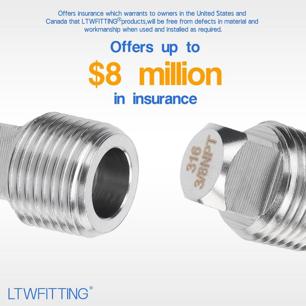 LTWFITTING Stainless Steel 316 Pipe Square Head Plug Fittings 3/8-Inch Male NPT Air Fuel Water Boat(Pack of 10)