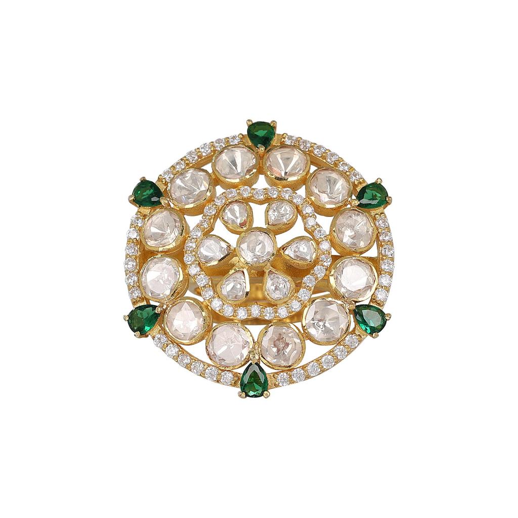 Inel Indian Kundan pentru Femei Argint Sterling 925 Bijuterii Handmade, Inel Kundan cu Finisaj Auriu, Inel Statement pentru Femei Inel Polki, Inel Ajustabil cu Moissanit