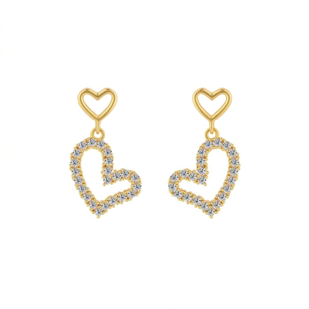 Premium 925 Sterling Silver Jewelry for Dates Gold Plated Cute Hollow Love Heart Shaped Moissanite Drop Stud Earrings for Women