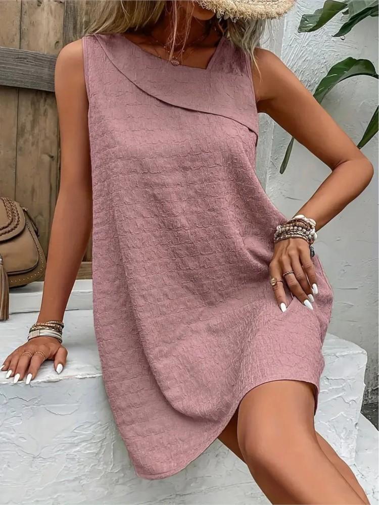 2025 New Fashion Red Black Casual Mini Dress Women's Sexy Slant Neck Sleeveless A-Line Loose Dresses Summer Women Clothing