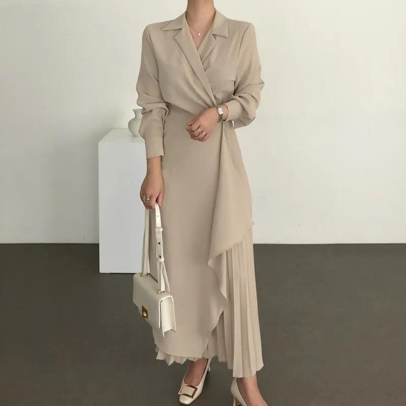 IHUASU Fashion Summer Spring Solid Color Print Long Sleeve V-Neck Casual Dresses
