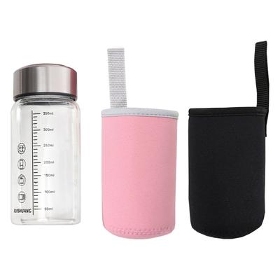 בקבוק מים מזכוכית עמידה לחום 350 מ"ל עם סימוני מדידה נייד בטוח למיקרוגל לשתייה בקיץ