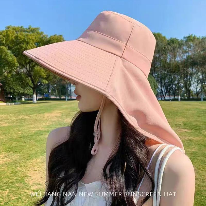 

New summer ponytail hat with large brim sun visor women s neck protection fisherman s hat outdoor hat розовый