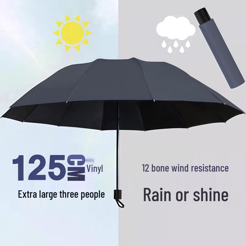 Large Dual-Use Umbrella for Sun and Rain, Manual Folding, Reinforced for Two, Black Glue Sunscreen, Suitable for Men and Women