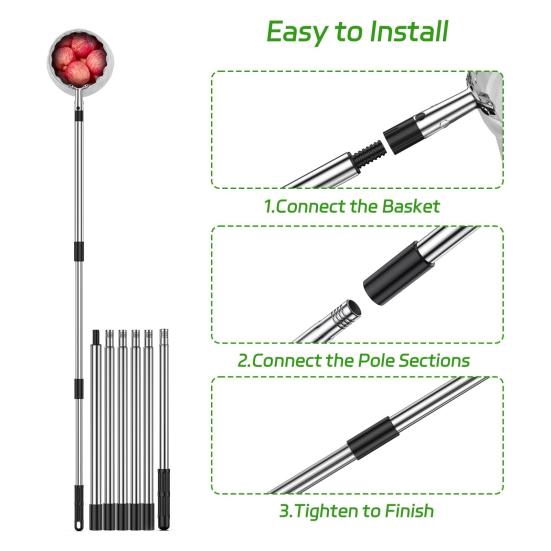 Long Handle Fruit Picker Metal Fruit Harvesting Claw with Cloth Bag Stainless Steel Pole Adjustable Tree Fruit Harvester for Apples