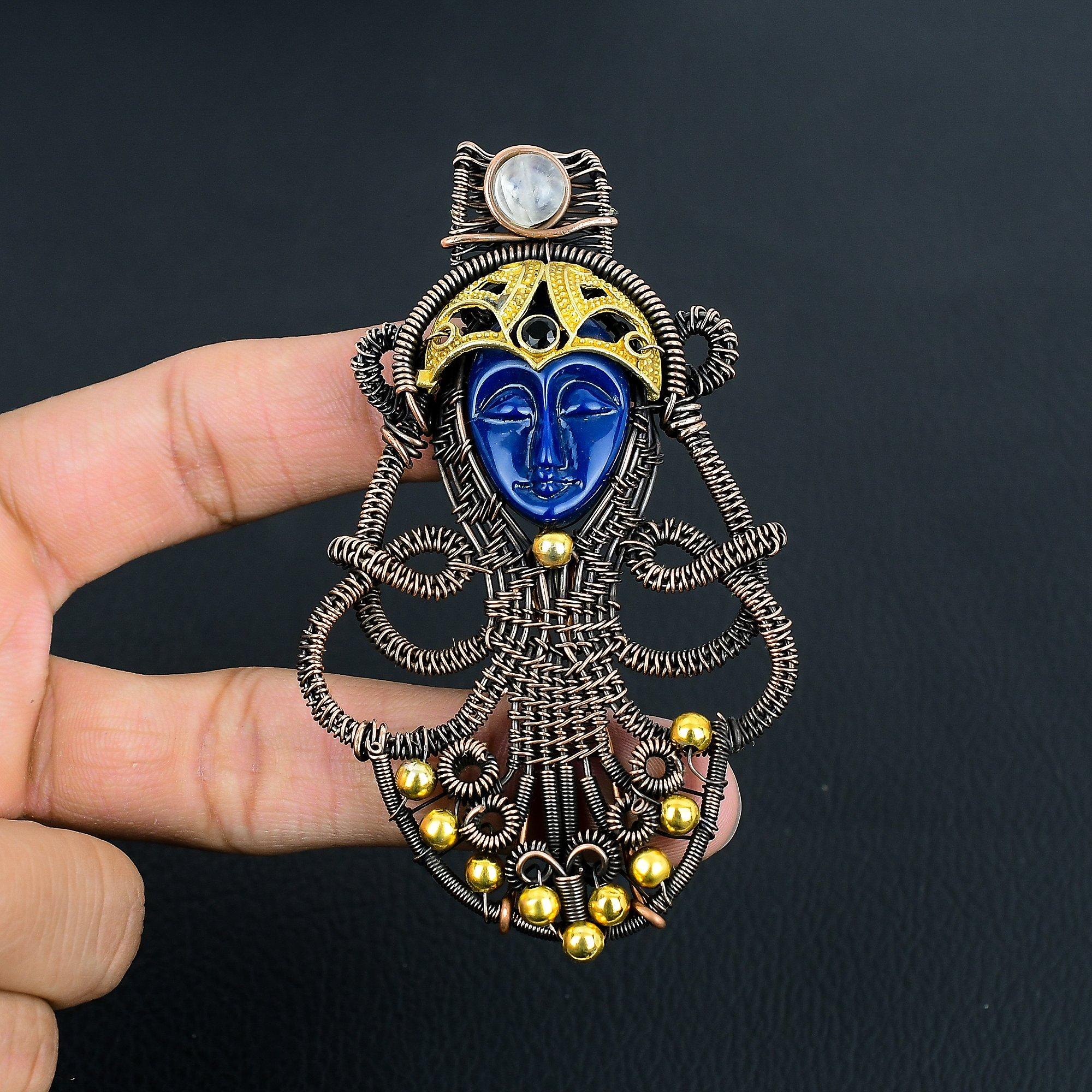 

Резные украшения с синим лицом и лунным камнем, кулон, обернутый медной проволокой 999 пробы, украшения из драгоценных камней ручной работы, подарки для жены, совершенно новый кулон 2.55 Inches