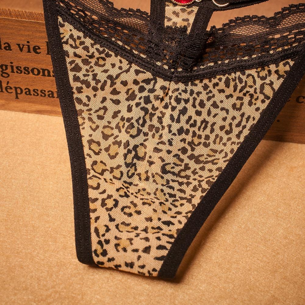 Sexy Hollowed-out Female Leopard Print Thong, Light Luxury Lace Fully Transparent Temptation Low-rise Female Hot Underwear T-pants 2229