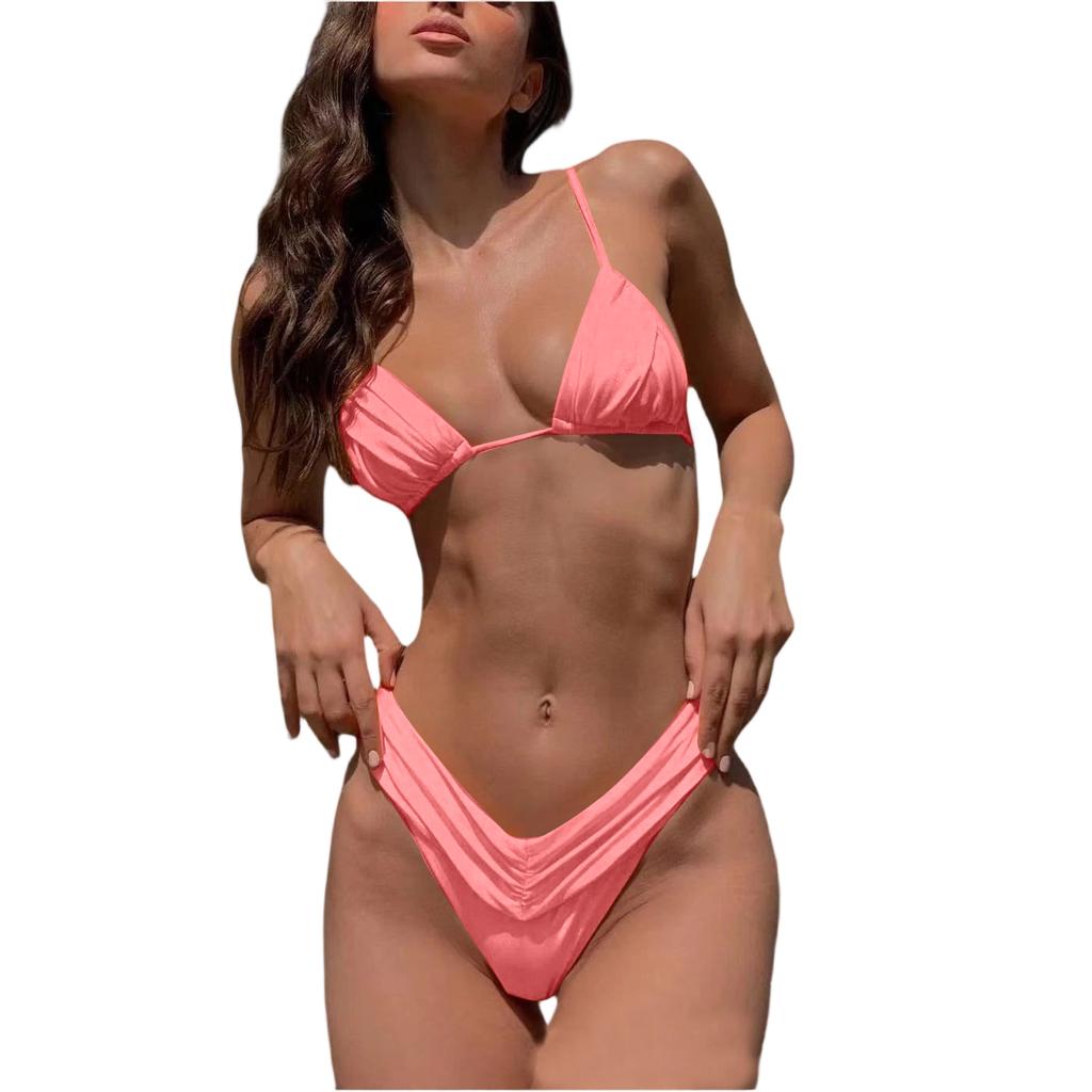 Women's Color Sexy Pleated Strappy Two,Piece Bikini Set