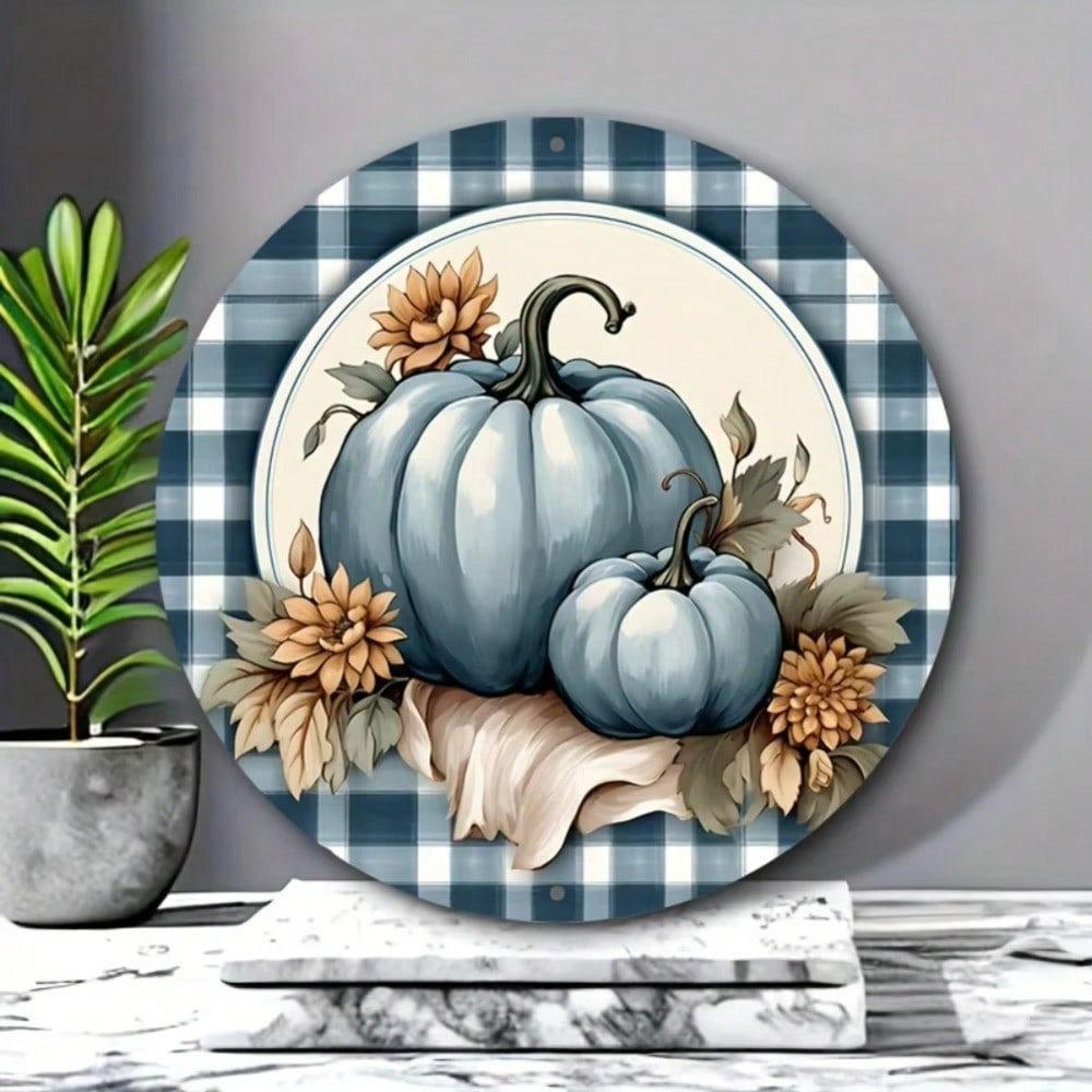8x8 Inch Blue Pumpkin Metal Wall Art Round Wreath Sign Halloween Christmas Home Decor