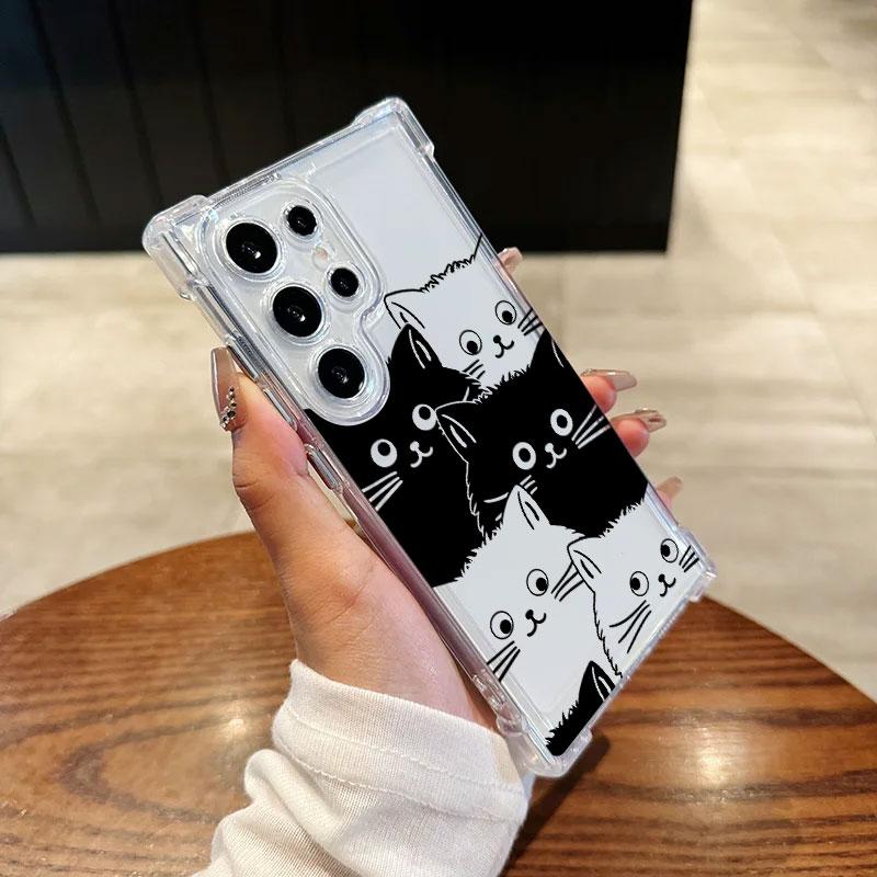 Black Cat Cartoon Art Phone Case For Samsung Galaxy S25 FE S24 S23 S22 S21 Ultra S20 Plus Note 20 10 S25FE Soft Shockproof Cover