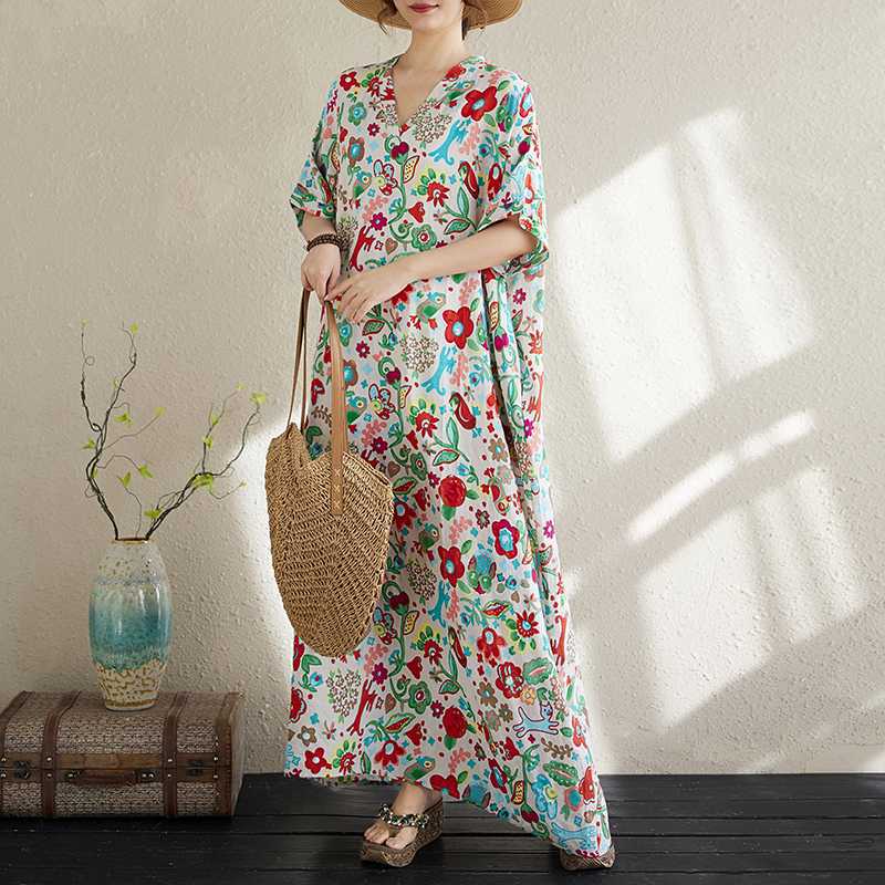 Summer Cotton and Linen Printed Loose and Simple Long Skirt, Women's Skirt Thin