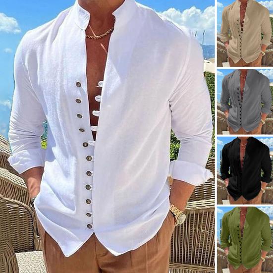 Men Summer Shirt Long Sleeve Stand Collar Single-breasted Casual Buttons Daily Wear Slim Fit Solid Color Beach Shirt Male Clothes