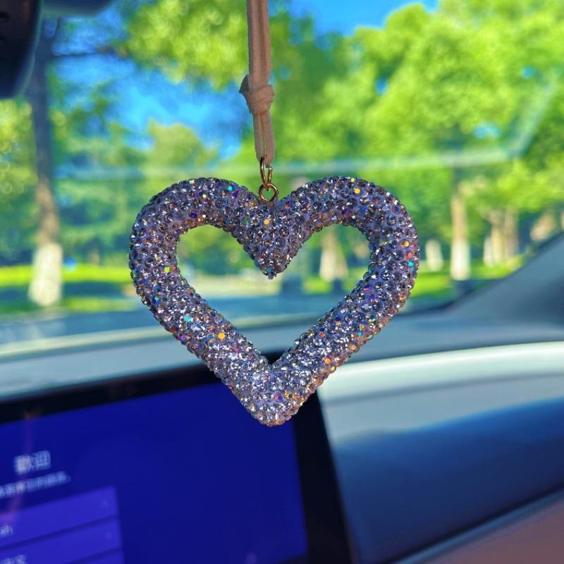 Ceramic Heart Car Pendant Full of Diamonds Mirror Hanging Ornament Keychain for Automobiles