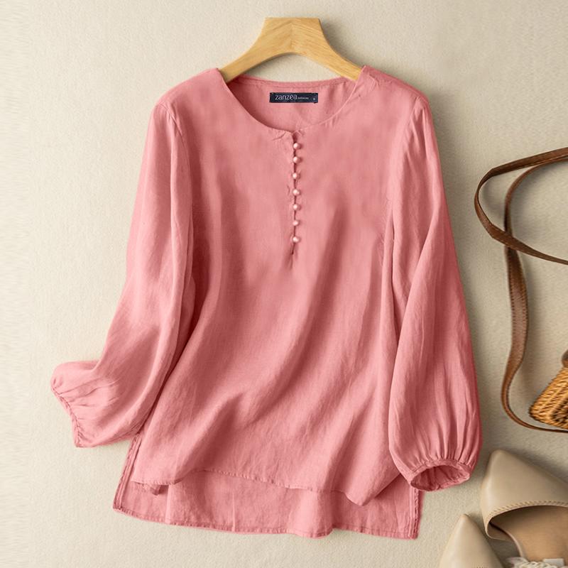 

ZANZEA Женская повседневная однотонная свободная блузка с круглым вырезом и длинными рукавами
