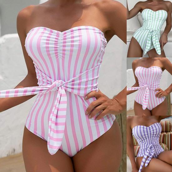 

Женщины Купальник Полоса Контрастные цвета Цельные части Slim Fit Летний монокини для водных видов спорта