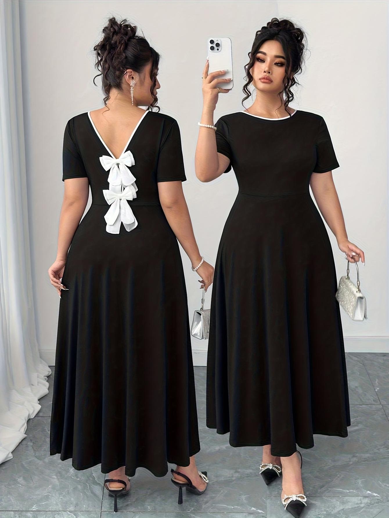 Plus Size V-Neck Short Sleeve Color Block Bow Mini Dress XXXXL чёрный