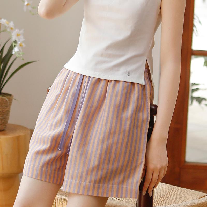 Summer women's pure cotton pajama pants sweet loose striped double-layer yarn can be worn outside casual simple home pants 11