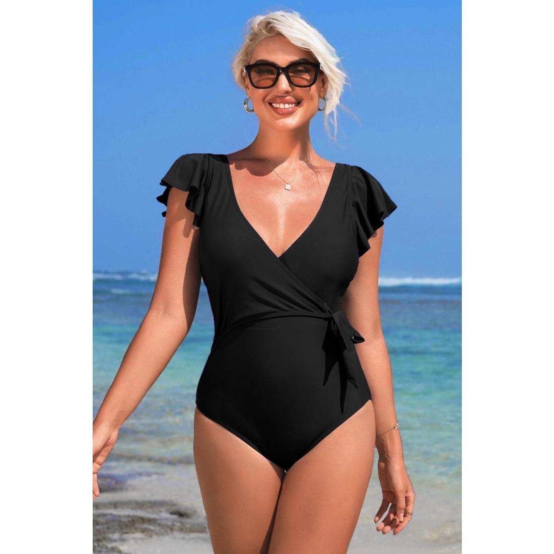 

Charmleaks Цельный купальный костюм с V-образным вырезом и рюшами спереди, купальник S-XL L чёрный