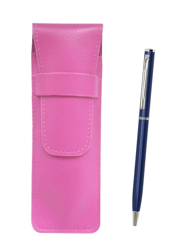 Pink grained leather pencil case with a slim rotating ballpoint pen set (blue) (SASP-PD04-L-2) - 2-pack