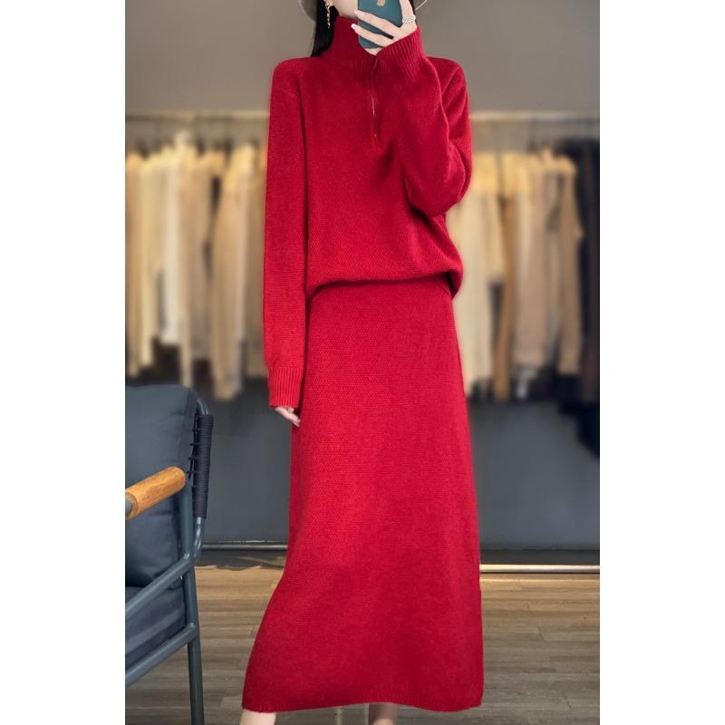 Half Zipper Turtleneck Sweater Two-piece Set Autumn and Winter New Casual Thick Skirt Knitted Sweater Set Women
