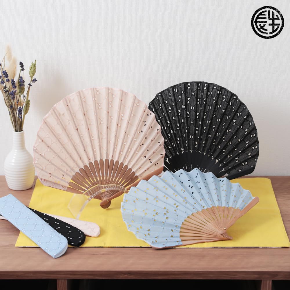 Stylish Business Fan with Fan Bag and Handkerchief Emma Blue [Osaka Choseido] Women's Set, (Light Blue)