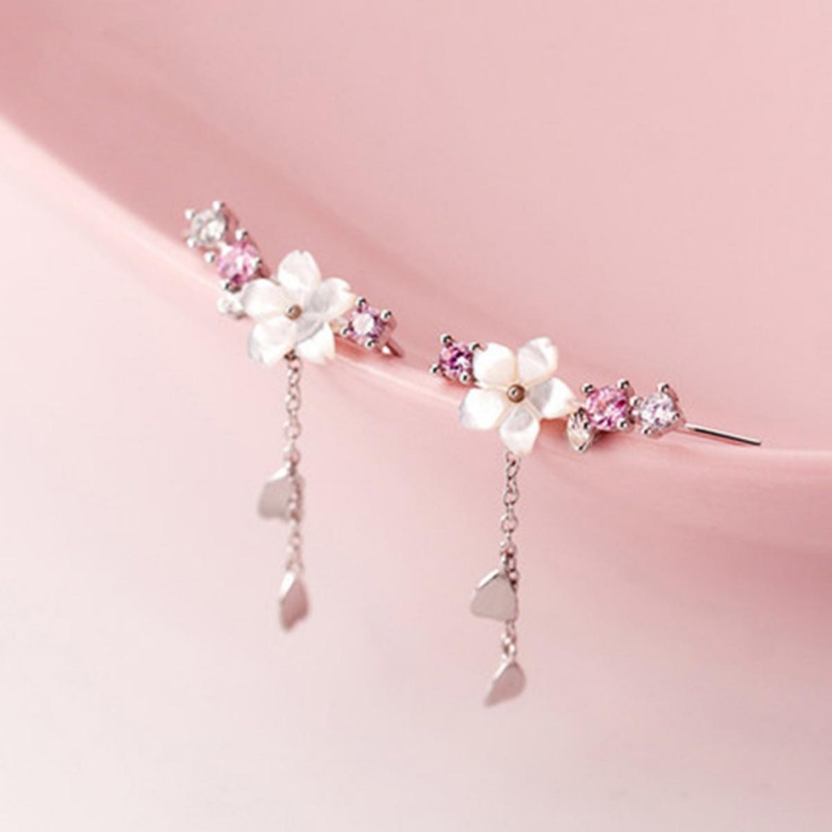 Lucky Star Jewelry Women's Pink Romantic Imitation Shell Cherry Blossom Stud Earrings For Men Elegant Zircon Flower Tassel Earrings Banquet Jewelry