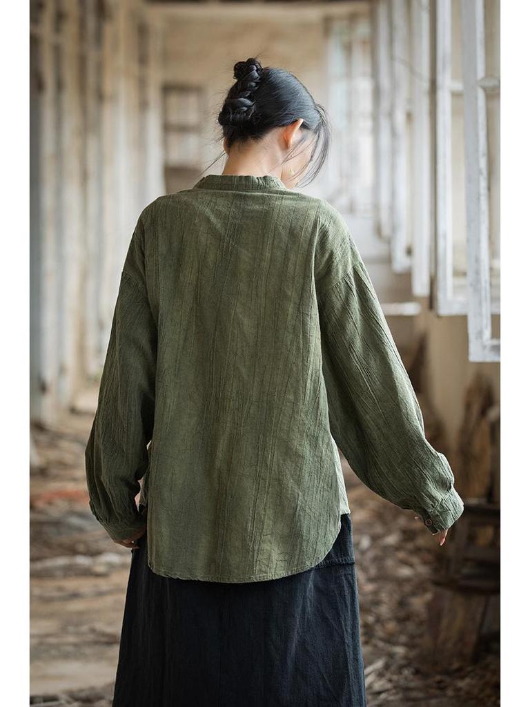 Women's Long-Sleeve Hand-Dyed Ramie Cotton Top with Button Accents - Spring Sun Protection