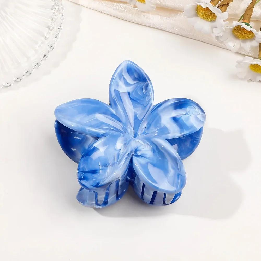 8cm Marble Pattern Frangipani Flower Hair Claw for Women Handmade Dyeing Design Acrylic Large Shark Clips Vacation Accessories