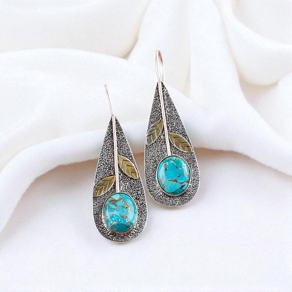 Rare Blue Copper Turquoise Gemstone 925 Sterling Silver Jewelry Earrings 2.00" EE-72-37
