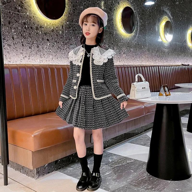 Girls' Autumn Elegant Set Design: Lace Button Jacket + Skirt Two-Piece Set